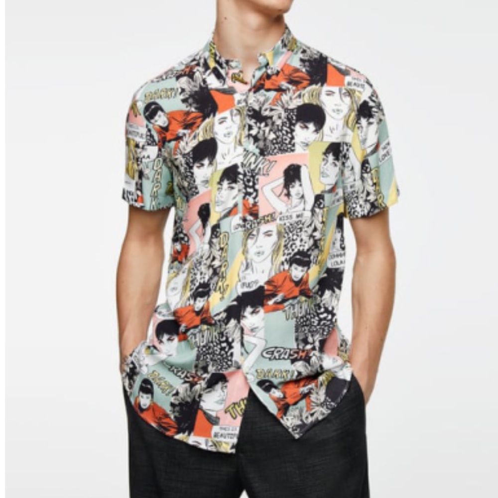 Zara Mens Comic Book / Hawaiian Print Button Down Shirt Sz S